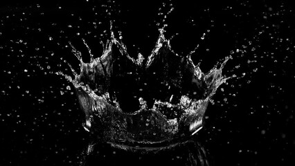 Poster - Super slow motion of splashing water crown shape on black background. Filmed on high speed cinema camera, 1000fps.
