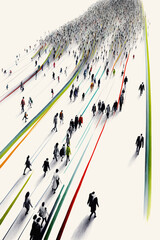 Wall Mural - Crowd illustration, large group of people walking on white space, top view, Generative AI