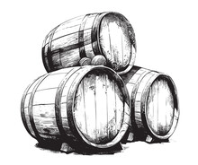 Three Vintage Wooden Barrels For Wine And Beer Hand Drawn Sketch Engraving Style Vector Illustration