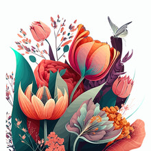 Colorful Spring Season On Warm Tone Background. Hand-drawn Illustration Isolated On White Background