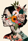 Fototapeta  - Portrait of a woman with lots of flowers. Abstract trendy art paper collage design. Generative ai
