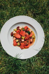 Wall Mural - watermelon halloumi salad with cucumber and olives on white dish