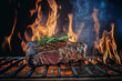 Barbecue steak lies on a flamed grill