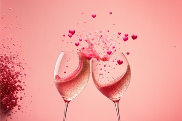 Two champagne glasses with splashes of red heart shaped confetti on a pink background stand on a white table, Valentine's Day Concept. AI