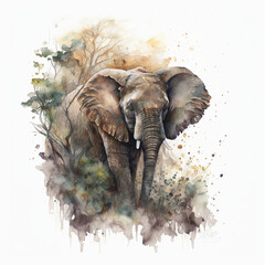 Wall Mural - Generative AI Illustration of watercolour painting of male elephant in jungle landscape with beautiful colors