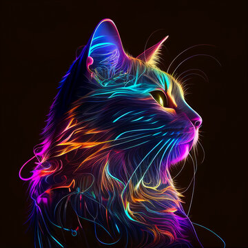 mesmerizing digital line art illustration of a neon cat, created with Generative AI
