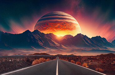 Wall Mural - fantasía futurista, paisaje de ciencia ficción con planeta. viajes por carretera a lugares inhóspito