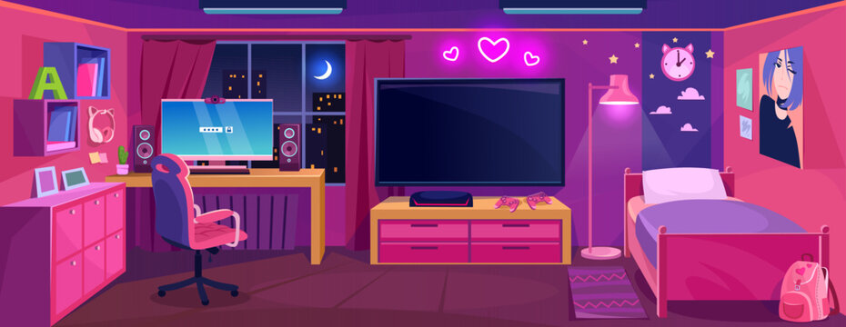 Wall Mural - Teen girl gamer room interior design in pink. Console with a big screen tv and furniture. Neon blue light in a modern teenage bedroom with a gaming PC setup. Cartoon style vector illustration.