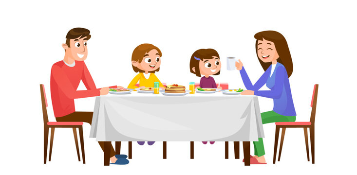 Wall Mural - A happy family with kids having a meal together behind a table. Mother, father, son and daughter having breakfast, lunch or dinner. Isolated on white background. Cartoon style vector illustration.