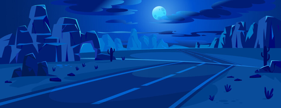 Wall Mural - Desert road at night. Moon over canyon and highway. Sand and cactus on a sideway in western America or Mexico. Mountains on the horizon. Cartoon style game illustration. Vector landscape background.