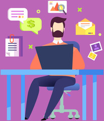 Wall Mural - Man working at home office, sitting at desk in room, looking at computer screen and talking with colleagues online. Employee doing work preparing new project. Businessman at table with laptop