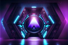 Portale Gate In Neon Purple Inside Alien Spaceship In Science Fiction Style. Generative AI.