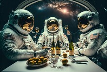 Funny Illustration Of A Group Of Astronauts Dining In Space. Inside Of A Space Shuttle, Astronauts Wearing Spacesuits Sitting Around A Dinner Table. Fantasy Art Of Eating In Outer Space. Generative Ai