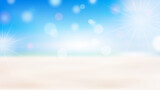 Fototapeta Morze - Blurred tropical beach with bokeh sunlight background. Abstract soft blue sky and yellow beach, blurred summer gradient. Copy space of outdoor summer vacation and travel adventure concept