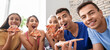© Pixel-Shot - Young people taking selfie with delicious pizza at home party