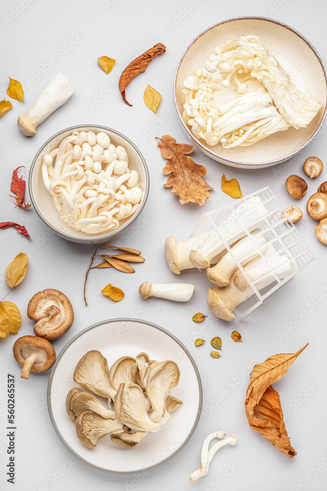 Composition with different fresh mushrooms and autumn leaves on light background
