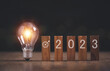 © krungchingpixs - Light bulb and wooden blocks with numbers 2023 and target icon on floor, The target of 2023 year, Idea and inspiration for business administration in the future, Business development strategy.