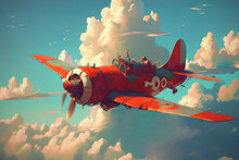 Red Vintage Plane Flying In The Blue Sky, Digital Art Style, Generative AI
