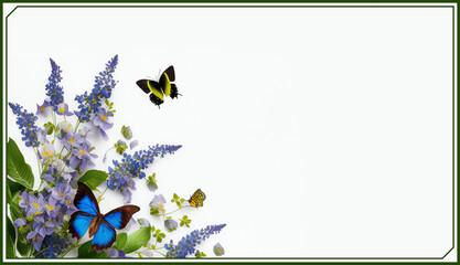 Sticker - Beautiful desktop wallpaper/background with flowers and butterflies, empty white copy space for text or additional images, generative AI, digtal art