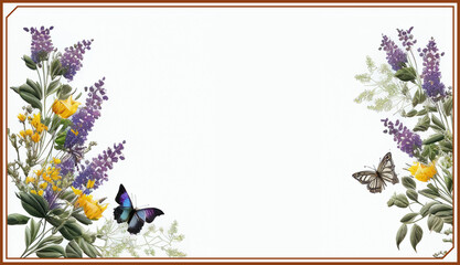 Sticker - Beautiful desktop wallpaper/background/banner/card with flowers and butterflies, empty white copy space for text or additional images, generative AI, digtal art