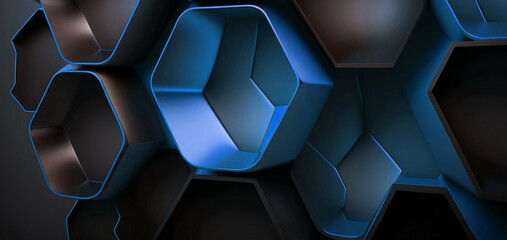 Canvas Print - blue modern design with 3d hexagons and abstract shapes