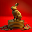 Chinese New Year 2023 year of the rabbit. Gold Bunny sitting on pile of gold coins on red background. Generative ai