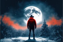 Man Under The Moon Walking In Winter Forest. Man In Winter Forest Looking At The Glowing Crescent Moon. Digital Art Style , Illustration Painting .
