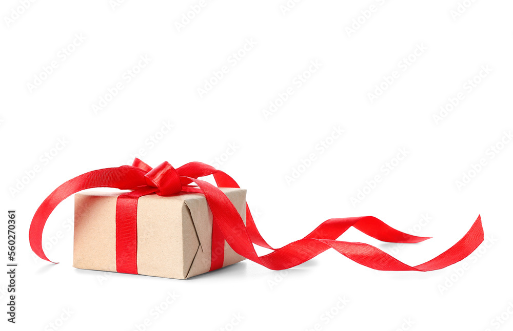 Gift box with red bow for Valentine's Day on white background