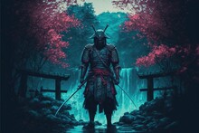Samurai Stands Near Waterfall. Samurai Standing In Waterfall Garden With Swords On The Ground. Digital Art Style , Illustration Painting .