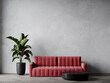 © Viktoriia Lytvyn - Сrimson raspberry magenta sofa in the center living room. Accent empty wall in gray white plaster stucco microcement. Luxury lounge mockup design interior. 3d rendering