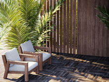 Armchairs Bench Furniture Exterior On The Terrace Patio Garden. Palm Trees And Relax Yard. Backyard Landscape. Sunny Hot Day In A Tropical Garden Hotel Outdoor. 3d Rendering