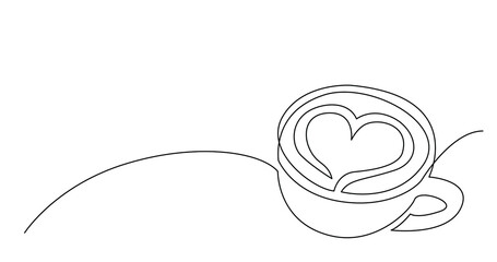 Sticker - continuous line drawing of cappuccino coffee cup with heart on foam - PNG image with transparent background