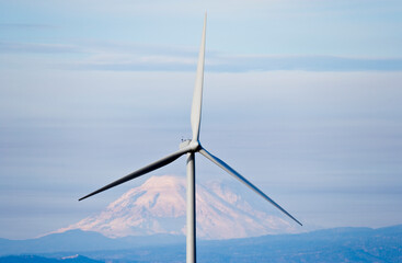 Wind turbines in Central Washington with Mt. Rainier in the background.