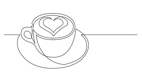 Sticker - continuous line drawing of cappuccino coffee cup with heart shape on foam - PNG image with transparent background