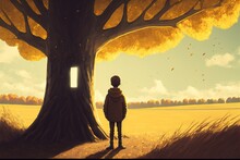 Young Boy Near The Tree. Young Boy Looking At The Giant Autumn Tree At The Horizon. Digital Art Style , Illustration Painting .