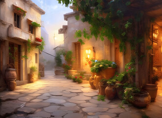  painting of a beautiful old street in a typical old-fashioned village on a greek island at twilight with glowing lamps and an inviting open doorway. generative ai illustration.