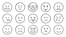 Emoji Doodle Icons. Set Of Happy, Sad, Smiling Faces. Funny Emoticons In Sketch Style.  Hand Drawn Vector Illustration Isolated On White Background