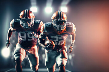 Wall Mural - wo american football players are running to the pitch. Postproducted generative AI digital illustration.