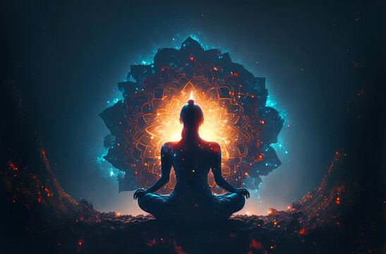 Wall Mural -  - Woman sitting in yoga lotus pose and her connection to meditative space. Postproducted generative AI digital illustration.