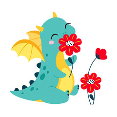 Wall Mural - Cute Turquoise Little Dragon with Wings Smelling Blooming Flower Vector Illustration