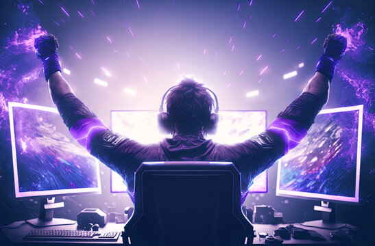 Wall Mural -  - Professional E-Sports gamer rejoices in the victory in purple game room background. Postproducted generative AI digital illustration.