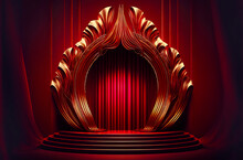 Glorious Red Curtain Above Empty Theatre Stage. Postproducted Generative AI Digital Illustration.
