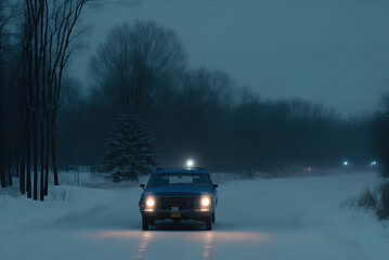 A mysterious car waits on a snowy lonely road.	