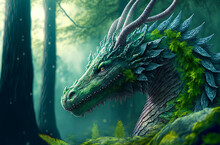 Ancient Forest Dragon Covered With Green Plants. Postproducted Generative AI Digital Illustration.