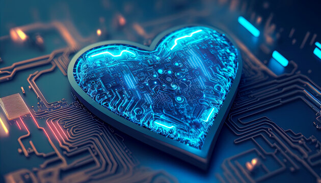 Wall Mural -  - Blue heart designed as central processing unit of love. Postproducted generative AI digital illustration.