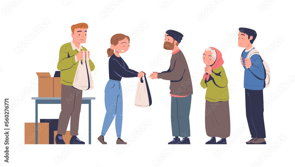 Volunteering with Man and Woman Volunteer Giving Homeless People Food ...