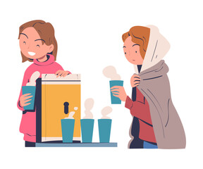 Poster - Volunteering with Woman Volunteer Giving Homeless People Warm Drink Vector Illustration