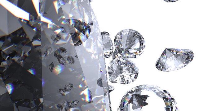 Shiny Diamonds on black-purple surface background. Concept 3D CG of luxury living, expensive things and high added value. PNG file format.