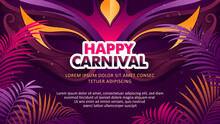 Elegant Brazilian Carnival Flyer Template With Golden, Dark Purple Mask And Palm Leaves Design