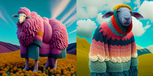 Surreal Illustration Of Sheep In A Wool Sweater On A Field. Sunny Day And Clouds On Background.